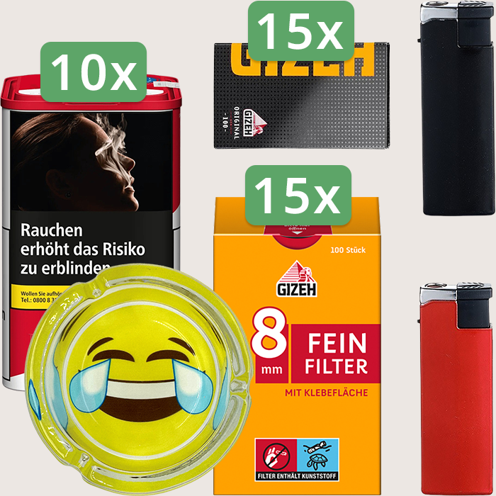 Marlboro Premium Red 10 x 105 g Sparpaket mit 1.500 Gizeh Black Original Magnet Blättchen, 1.500 Gizeh Feinfilter 8 mm und Aschenbecher
