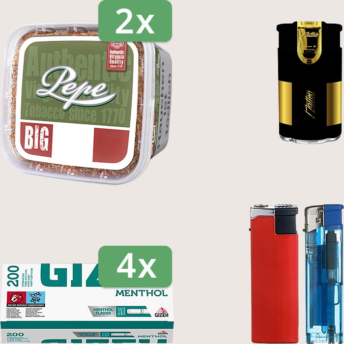 Pepe Rich Green 2 x 170 g Sparpaket mit 800 Gizeh Menthol Hülsen und Feuerzeugset