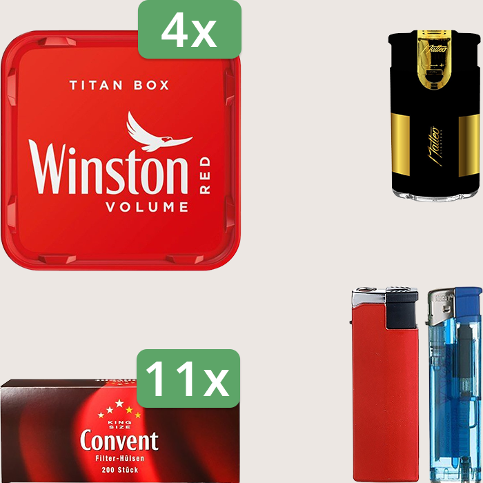 Winston Red 4 x 270 g Sparpaket mit 2.200 Convent Hülsen und Feuerzeugset