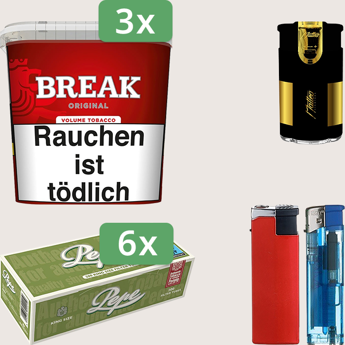 Break Original 3 x 185 g Sparpaket mit 1.200 Pepe Hülsen und Feuerzeugset