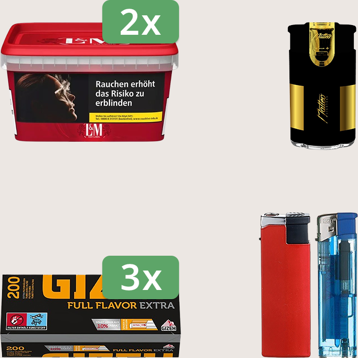 L&M Red 2 x 129 g Sparpaket mit 600 Gizeh Full Flavor Extra Hülsen und Feuerzeugset