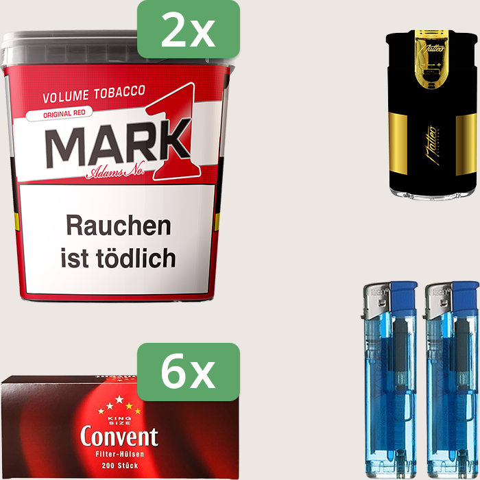 Mark 1 Original Red 2 x 320 g Sparpaket mit 1.200 Convent Hülsen und Feuerzeugset
