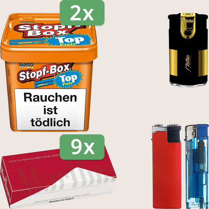 Fargo Stopfbox 2 x 420 g Sparpaket mit 1.800 Marlboro Red Hülsen und Feuerzeugset