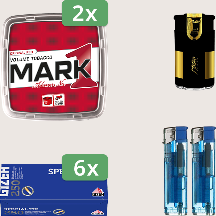 Mark 1 Original Red 2 x 400 g Sparpaket mit 1.500 Gizeh Special Tip Hülsen und Feuerzeugset