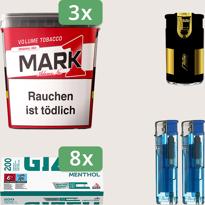 Mark 1 Original Red 3 x 320 g Sparpaket mit 1.600 Gizeh Menthol Hülsen und Feuerzeugset Mark 1 Original Red 3 x 320 g Sparpaket mit 1.600 Gizeh Menthol Hülsen und Feuerzeugset