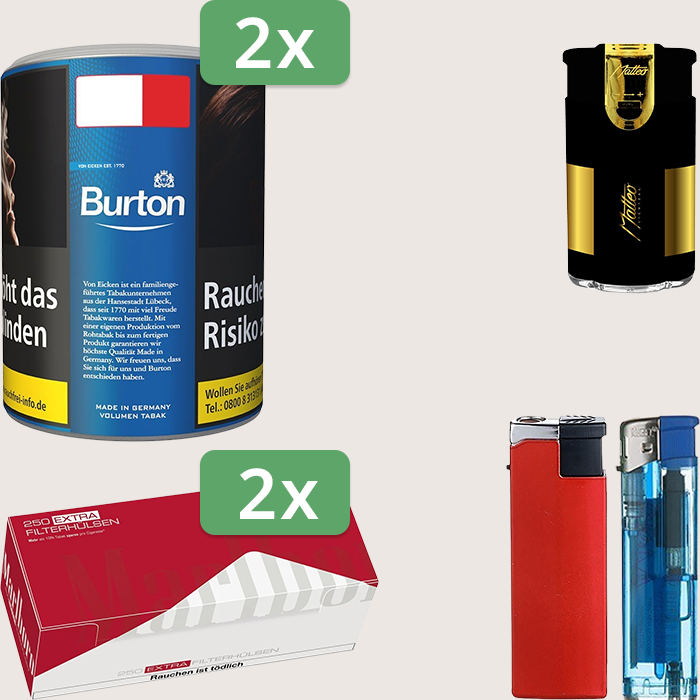 Burton Blue 2 x 65 g Sparpaket mit 500 Marlboro Red Extra Hülsen und Feuerzeugset