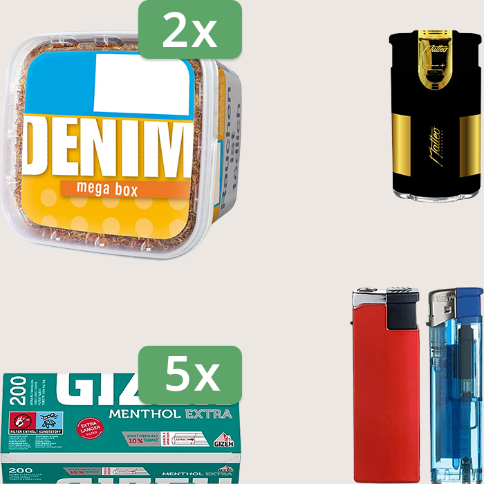 Denim Classic 2 x 220 g Sparpaket mit 1.000 Gizeh Menthol Extra Hülsen und Feuerzeugset