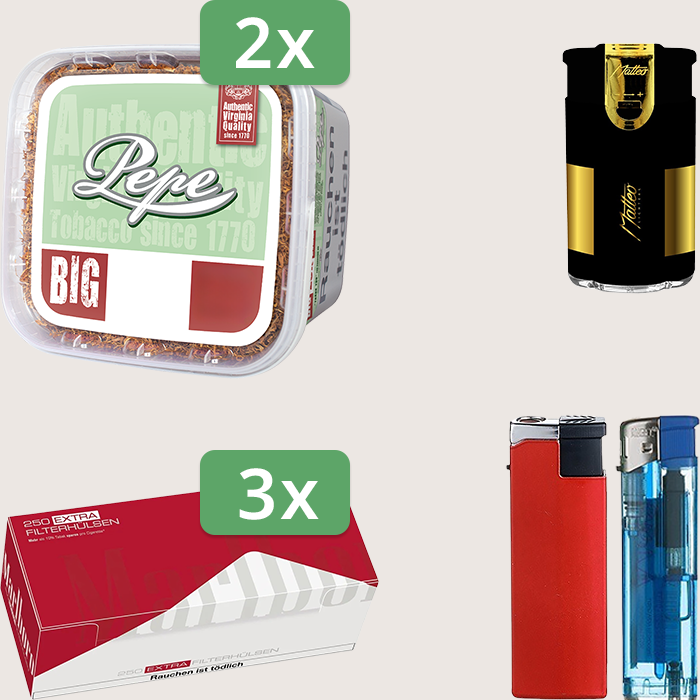 Pepe Bright Green 2 x 170 g Sparpaket mit 750 Marlboro Red Extra Hülsen und Feuerzeugset
