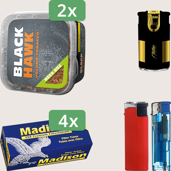 Black Hawk 2 x 230 g Sparpaket mit 1.000 Madison Hülsen und Feuerzeugset