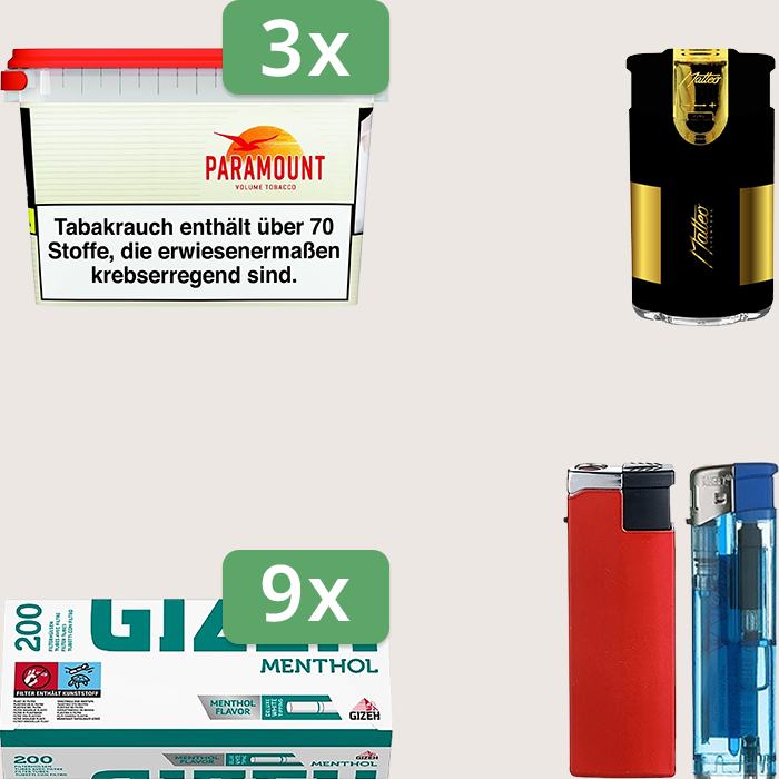 Paramount 3 x 230 g Sparpaket mit 1.800 Gizeh Menthol Hülsen und Feuerzeugset