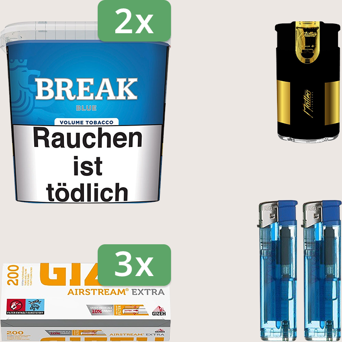 Break Blue 2 x 185 g Sparpaket mit 600 Gizeh Airstream Extra Hülsen und Feuerzeugset