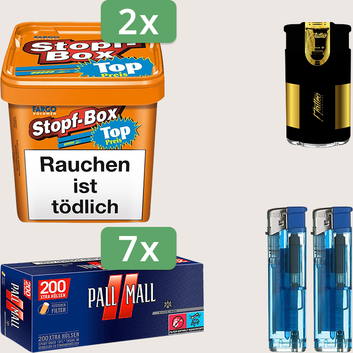 Fargo Stopfbox 2 x 400 g Sparpaket mit 1.400 Pall Mall Red Xtra Hülsen Hülsen und Feuerzeugset