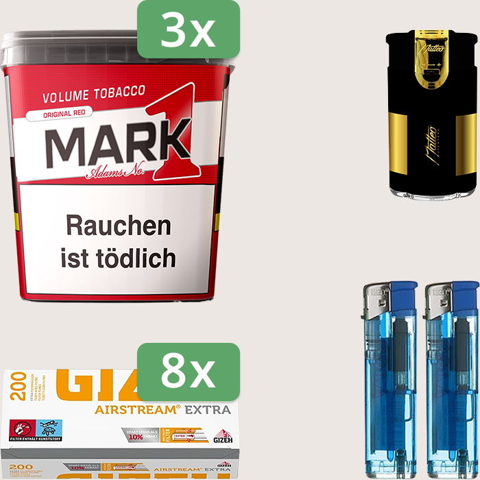 Mark 1 Original Red 3 x 320 g Sparpaket mit 1.600 Gizeh Airstream Extra Hülsen und Feuerzeugset