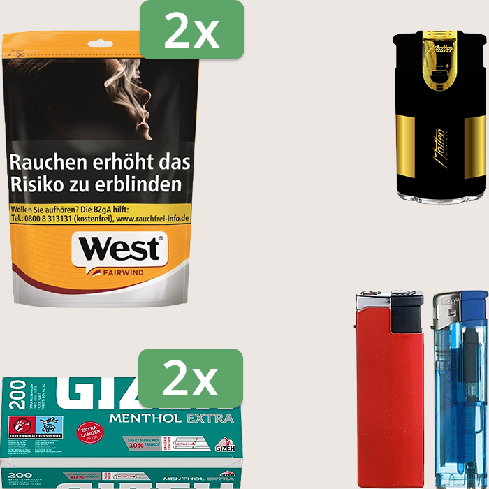 West Yellow 2 x 93 g Sparpaket mit 400 Gizeh Menthol Extra Hülsen und Feuerzeugset