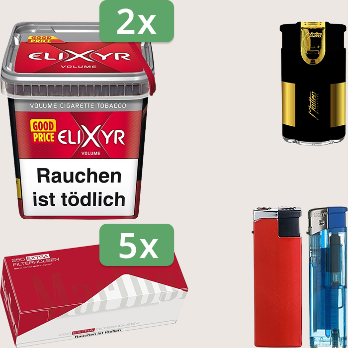 Elixyr Red 2 x 245 g Sparpaket mit 1.250 Marlboro Red Extra Hülsen und Feuerzeugset Elixyr Red 2 x 245 g Sparpaket mit 1.250 Marlboro Red Extra Hülsen und Feuerzeugset