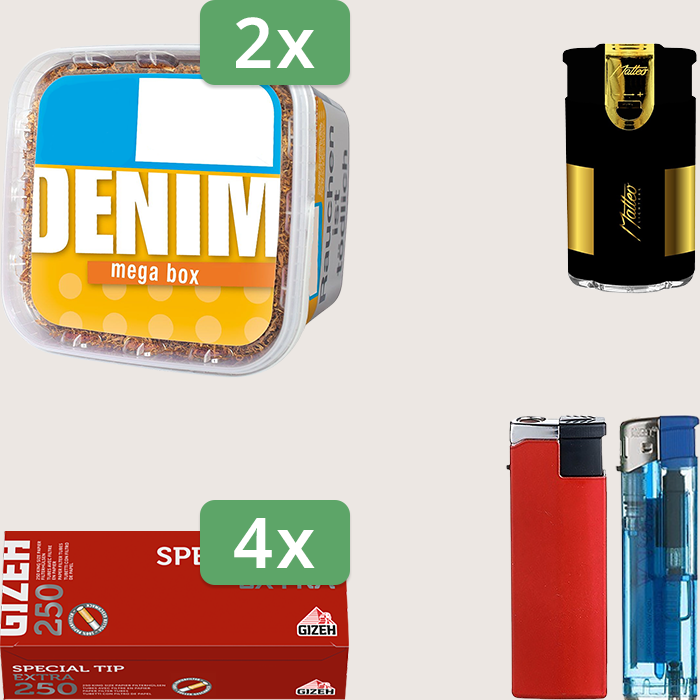 Denim Classic 2 x 220 g Sparpaket mit 1.000 Gizeh Special Tip Extra Hülsen und Feuerzeugset
