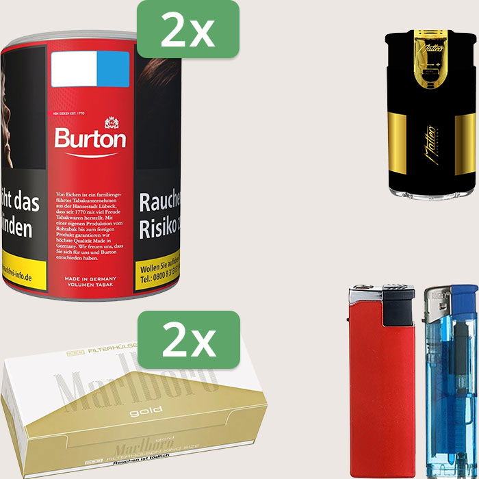 Burton Full Red 2 x 65 g Sparpaket mit 400 Marlboro Gold Hülsen und Feuerzeugset