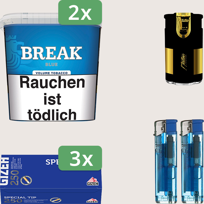 Break Blue 2 x 185 g Sparpaket mit 750 Gizeh Special Tip Hülsen und Feuerzeugset