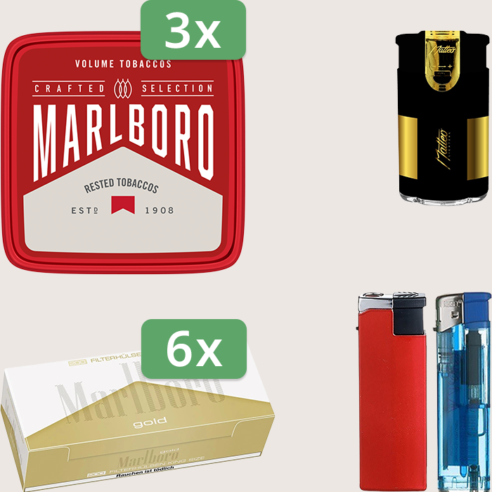 Marlboro Crafted 3 x 230 g Sparpaket mit 1.200 Marlboro Gold Hülsen und Feuerzeugset