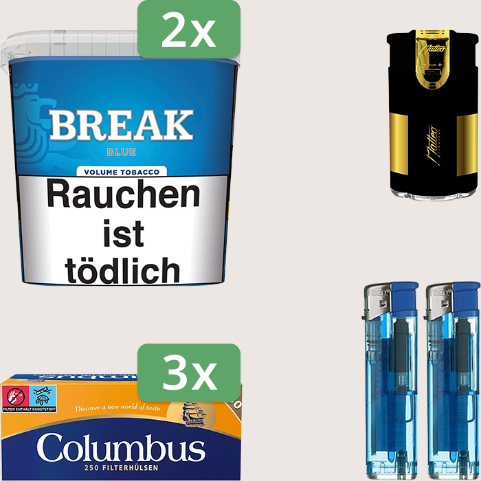 Break Blue 2 x 185 g Sparpaket mit 750 Columbus Hülsen und Feuerzeugset