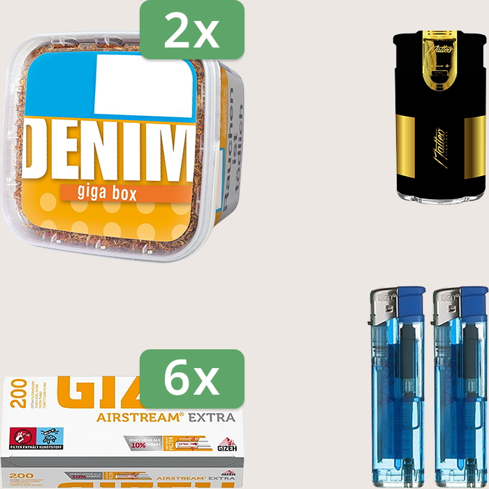 Denim Classic 2 x 315 g Sparpaket mit 1.200 Gizeh Airstream Extra Hülsen und Feuerzeugset
