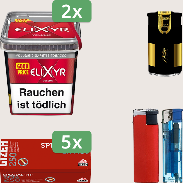 Elixyr Red 2 x 260 g Sparpaket mit 1.250 Gizeh Special Tip Extra Hülsen und Feuerzeugset