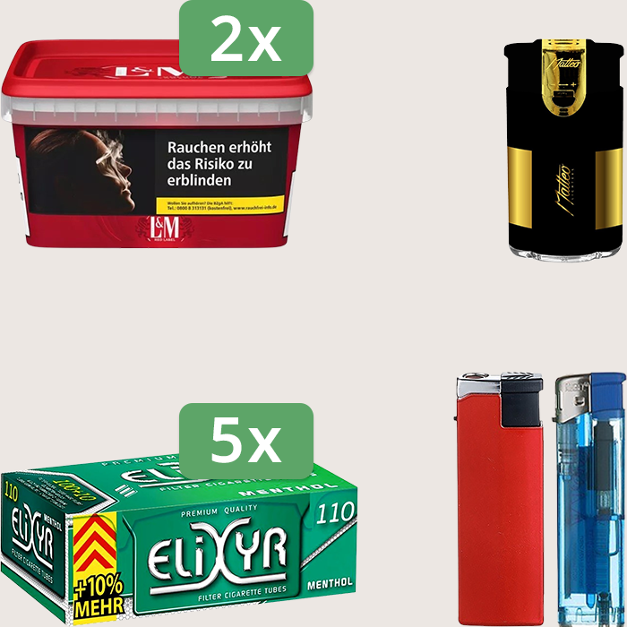 L&M Red 2 x 129 g Sparpaket mit 550 Elixyr Energy+ Menthol Hülsen und Feuerzeugset
