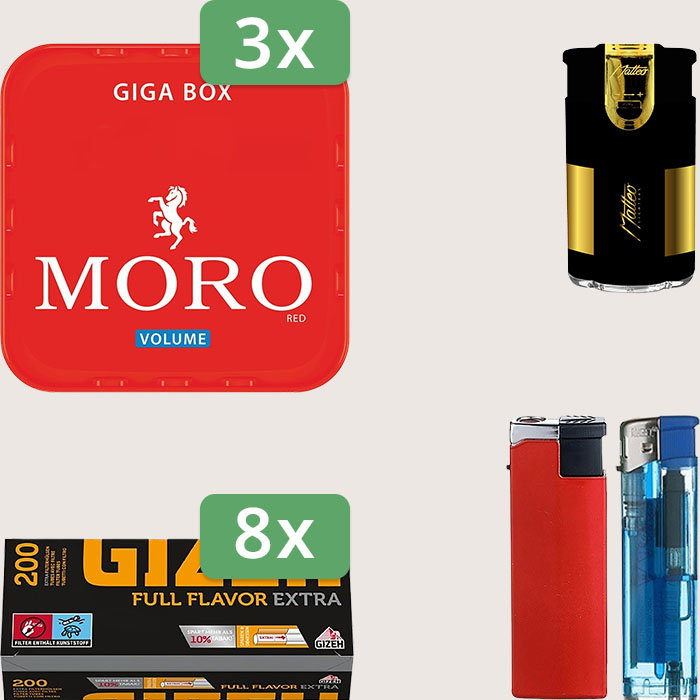 Moro Red 3 x 245 g Sparpaket mit 1.600 Gizeh Full Flavor Extra Hülsen und Feuerzeugset