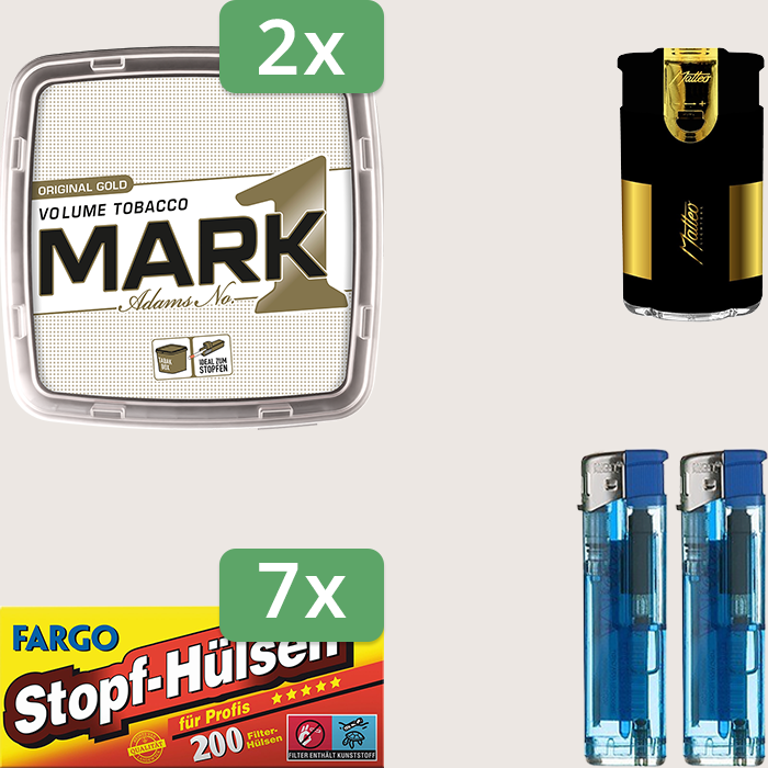 Mark 1 Gold 2 x 400 g Sparpaket mit 1.400 Fargo Stopfhülsen und Feuerzeugset Mark 1 Gold 2 x 400 g Sparpaket mit 1.400 Fargo Stopfhülsen und Feuerzeugset
