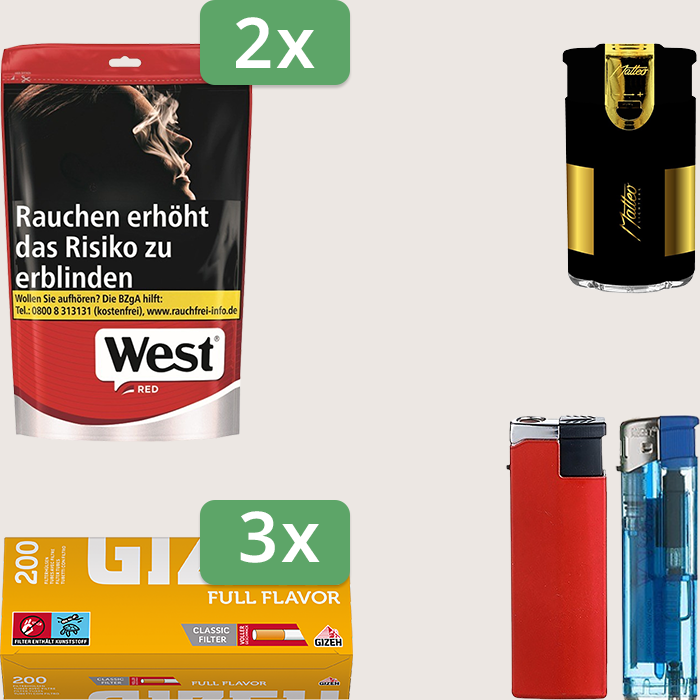 West Red 2 x 137 g Sparpaket mit 600 Gizeh Full Flavor Hülsen und Feuerzeugset