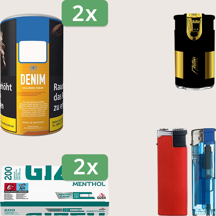 Denim Classic 2 x 90 g Sparpaket mit 400 Gizeh Menthol Hülsen und Feuerzeugset