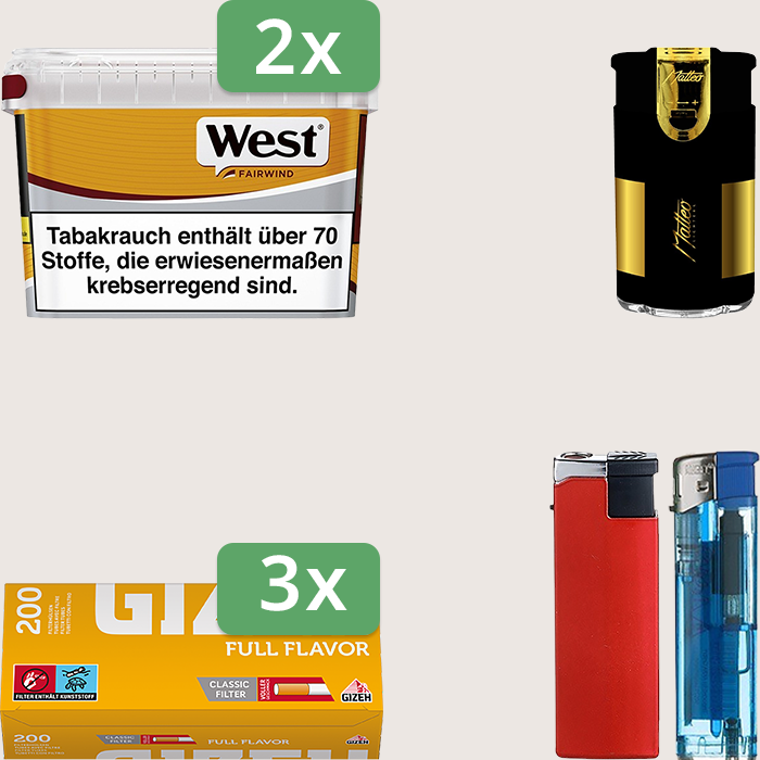 West Yellow 2 x 115 g Sparpaket mit 600 Gizeh Full Flavor Hülsen und Feuerzeugset
