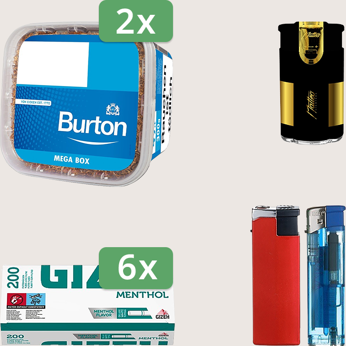 Burton Blue 2 x 270 g Sparpaket mit 1.200 Gizeh Menthol Hülsen und Feuerzeugset Burton Blue 2 x 270 g Sparpaket mit 1.200 Gizeh Menthol Hülsen und Feuerzeugset