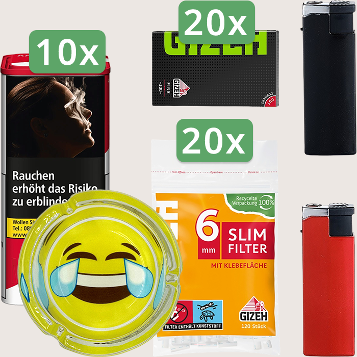 Marlboro Premium Red 10 x 155 g Sparpaket mit 2.000 Gizeh Black Fine Magnet Blättchen, 2.400 Gizeh Slim Filter 6 mm und Aschenbecher