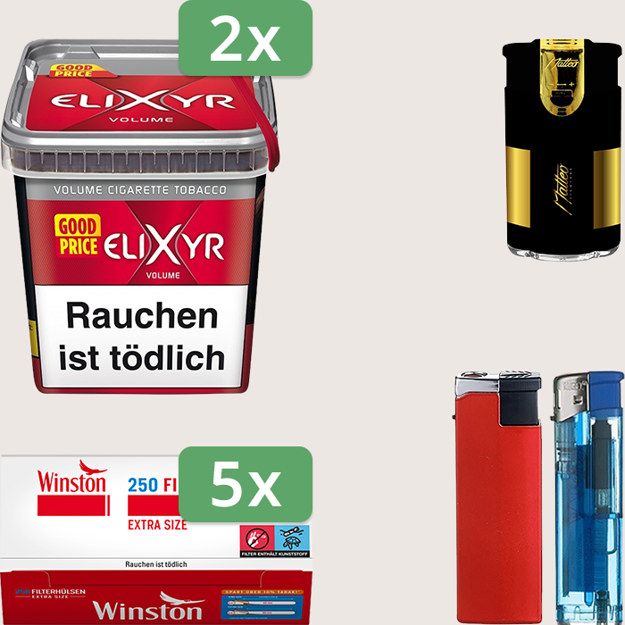 Elixyr Red 2 x 245 g Sparpaket mit 1.250 Winston Extra Hülsen und Feuerzeugset