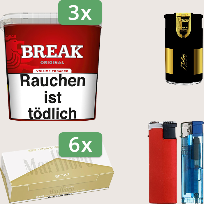 Break Original 3 x 185 g Sparpaket mit 1.200 Marlboro Gold Hülsen und Feuerzeugset