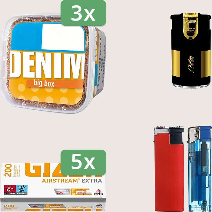 Denim Classic 3 x 160 g mit 1.000 Gizeh Airstream Extra Hülsen und Elektrofeuerzeug
