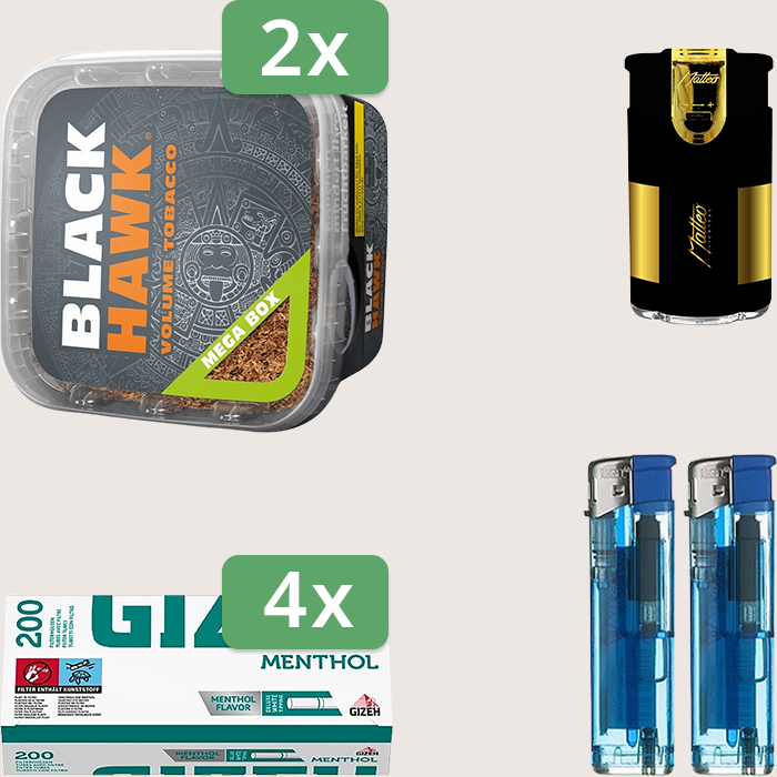 Black Hawk 2 x 230 g Sparpaket mit 800 Gizeh Menthol Hülsen und Feuerzeugset