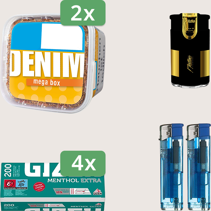 Denim Classic 2 x 210 g Sparpaket mit 800 Gizeh Menthol Extra Hülsen und Feuerzeugset