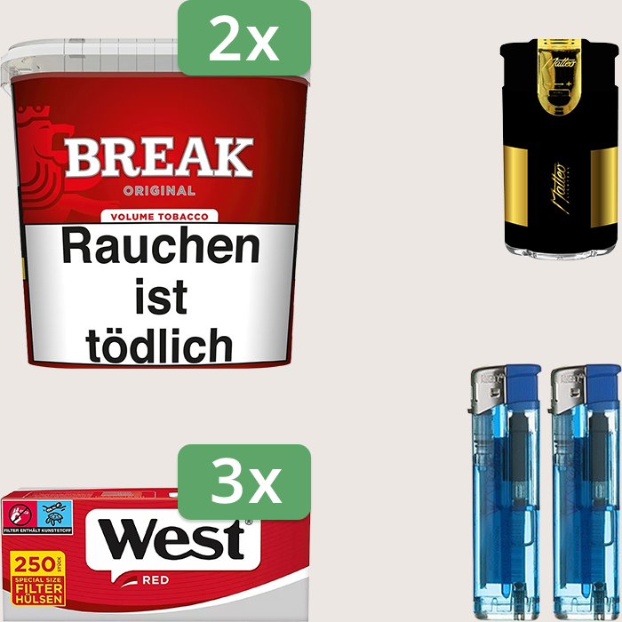 Break Original 2 x 185 g Sparpaket mit 750 West Red Special Hülsen und Feuerzeugset
