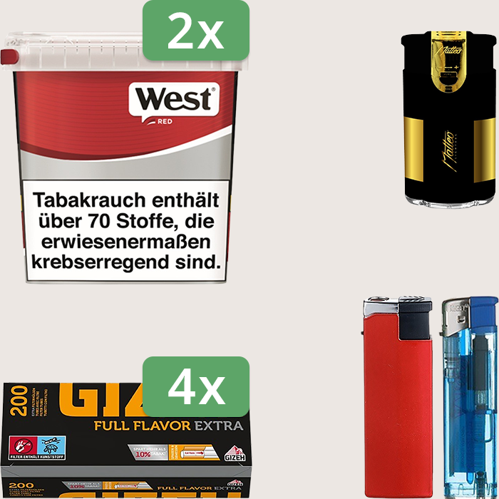 West Red 2 x 170 g Sparpaket mit 800 Gizeh Full Flavor Extra Hülsen und Feuerzeugset