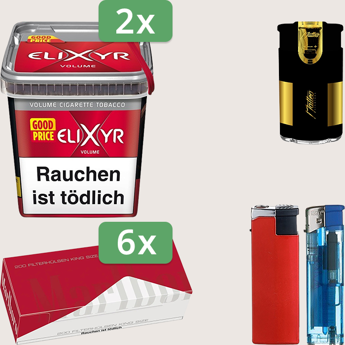 Elixyr Red 2 x 245 g Sparpaket mit 1.200 Marlboro Red Hülsen und Feuerzeugset