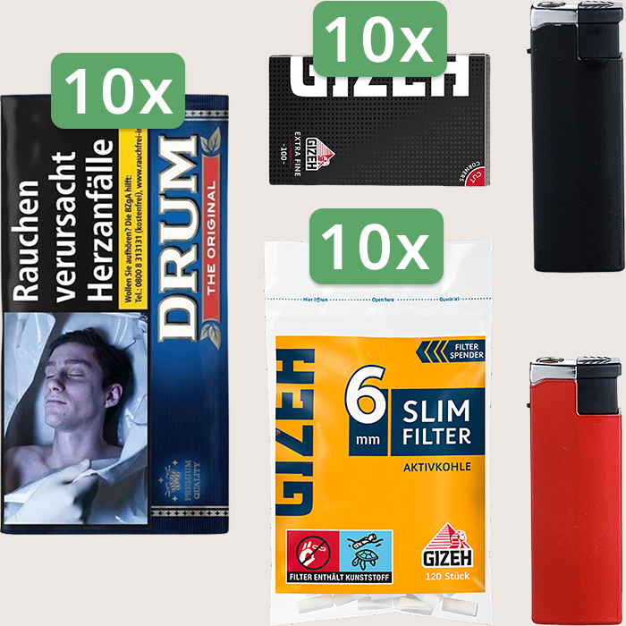 Drum Original 10 x 50 g Sparpaket mit 1.000 Gizeh Black Extra Fine Magnet Blättchen und 1.200 Gizeh Slim Filter Aktivkohle 6 mm