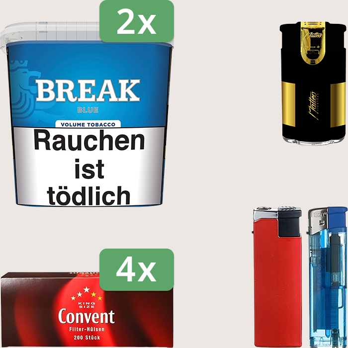 Break Blue 2 x 195 g Sparpaket mit 800 Convent Hülsen und Feuerzeugset
