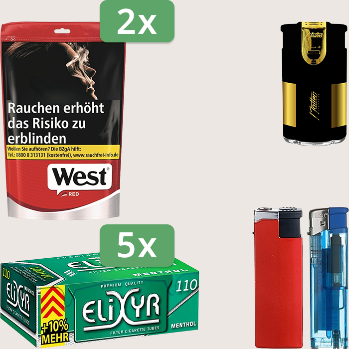 West Red 2 x 137 g Sparpaket mit 550 Elixyr Energy+ Menthol Hülsen und Feuerzeugset