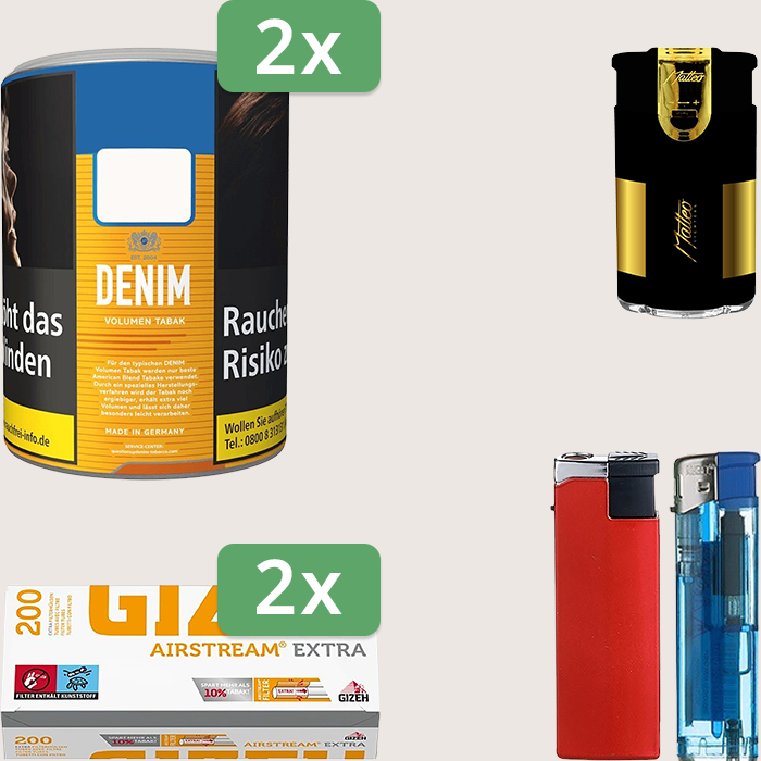 Denim Classic 2 x 65 g Sparpaket mit 400 Gizeh Airstream Extra Hülsen und Feuerzeugset