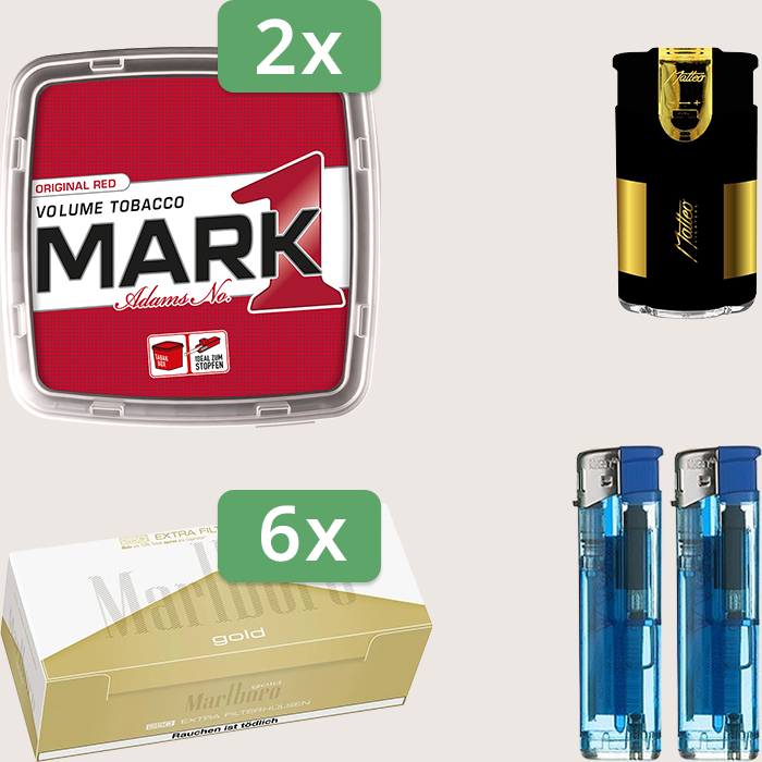 Mark 1 Original Red 2 x 400 g Sparpaket mit 1.500 Marlboro Gold Extra Hülsen und Feuerzeugset