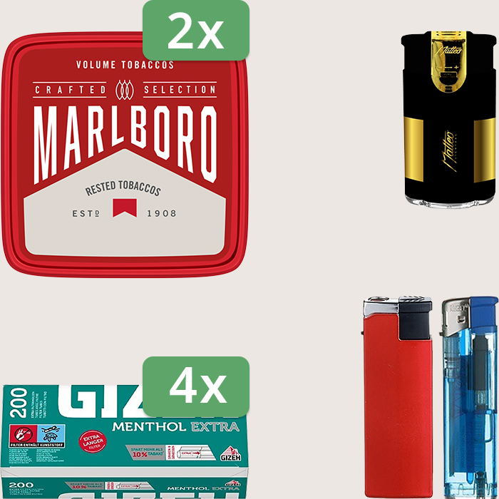 Marlboro Crafted 2 x 230 g Sparpaket mit 800 Gizeh Menthol Extra Hülsen und Feuerzeugset