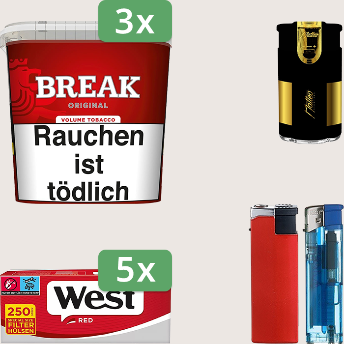 Break Original 3 x 185 g Sparpaket mit 1.250 West Red Special Size Hülsen und Feuerzeugset