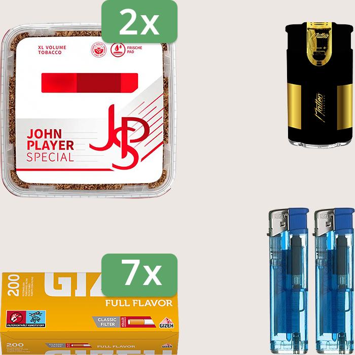 JPS Red 2 x 420 g Sparpaket mit 1.400 Gizeh Full Flavor Hülsen und Feuerzeugset